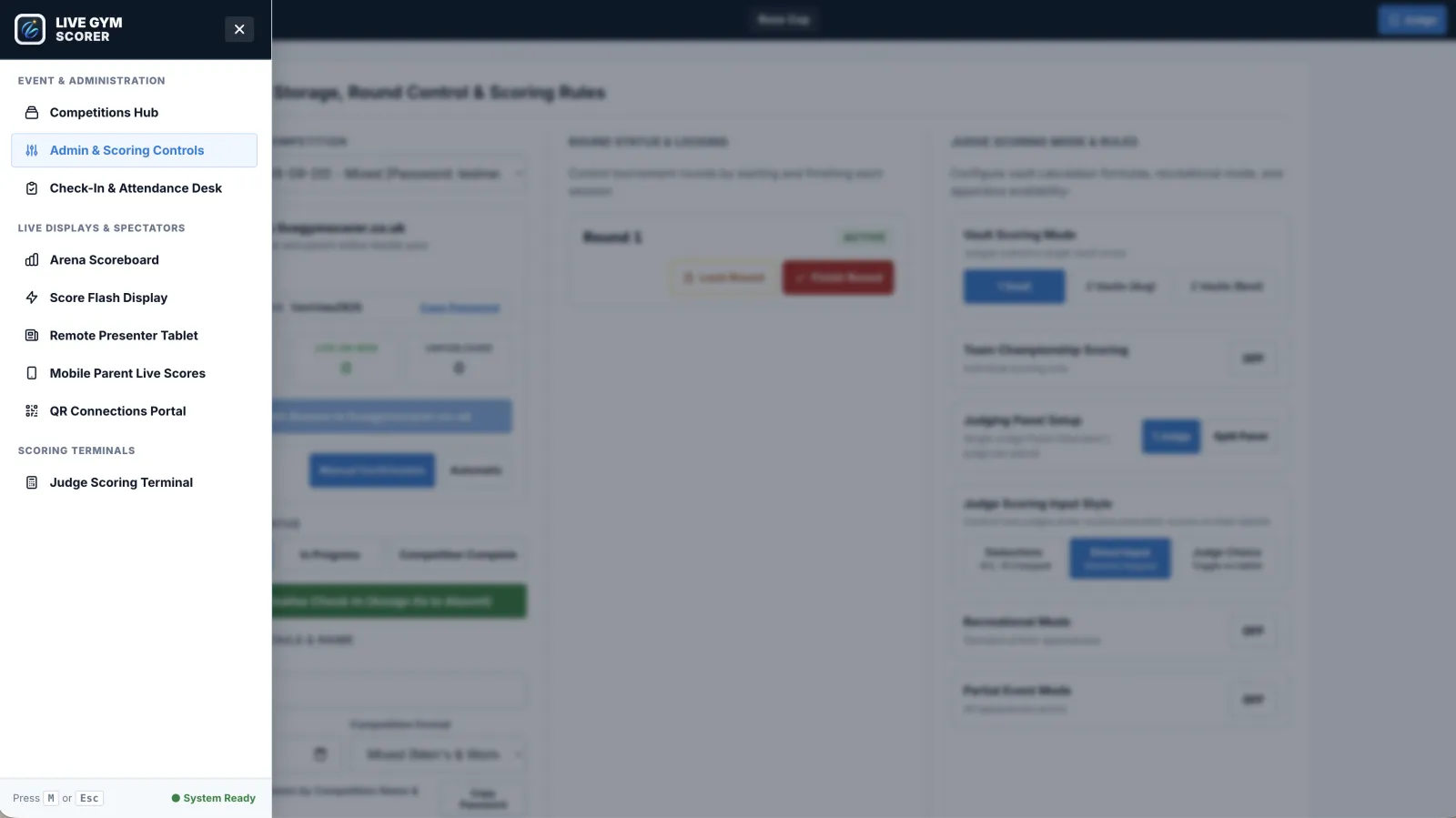 Competition admin dashboard and award sheets