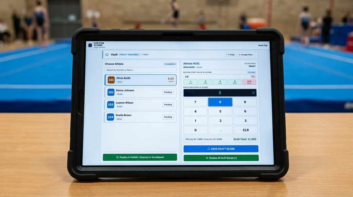 Live Gym Scorer digital score entry interface running on tablet at a club competition judging desk