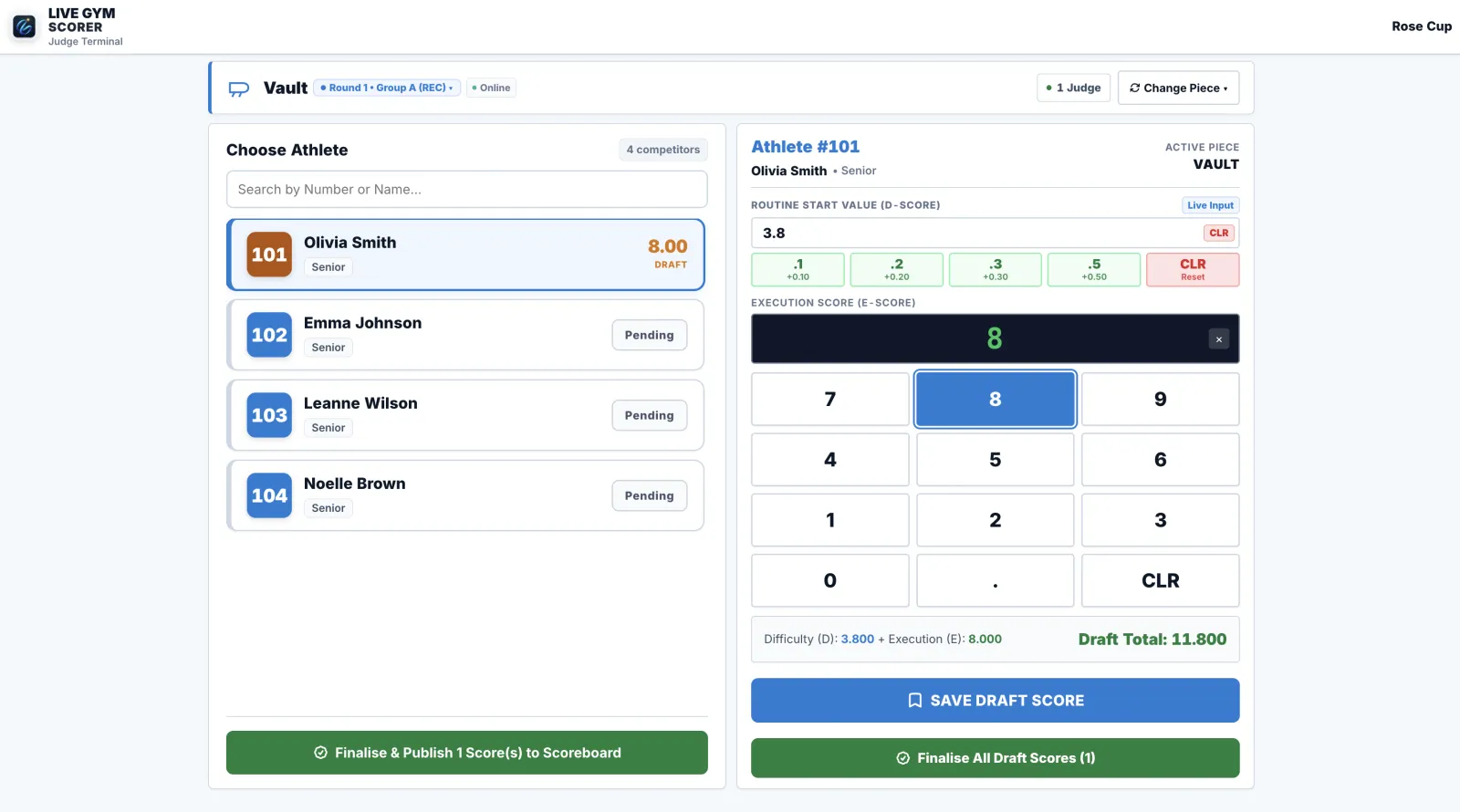 Judge scoring interface on tablet